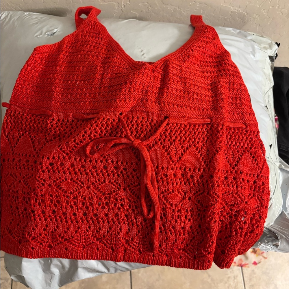 Madden Girl Red Crochet Tie-Waist Tank Top